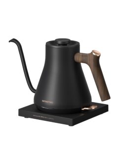 gooseneck electric kettle intasting fast boiling hot water, pour-over coffee & tea, 100% stainless steel, 0.9l/30oz, auto shut-off & boil dry protection, matte black with dark brown wood handle
