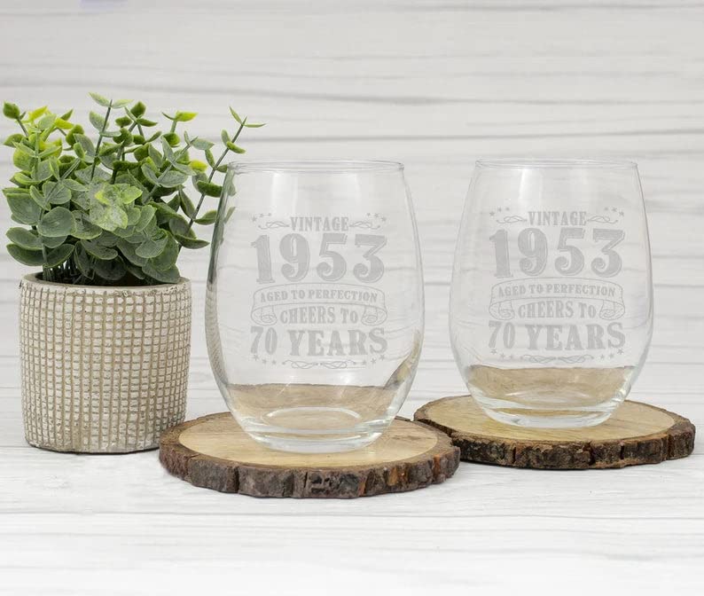 JohnPartners993 70Th Birthday Aged To Perfection - Vintage 1953 Engraved Wine Glass - 1953 70Th Birthday Gifts For Men - Vintage Wine Glasses - Present Ideas For Her Him