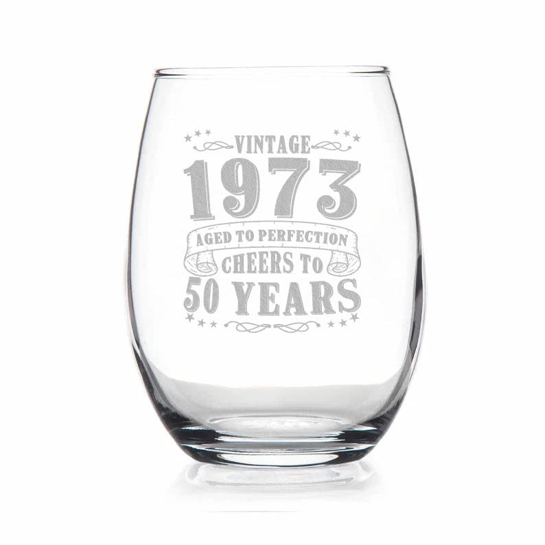 JohnPartners993 50Th Birthday Aged To Perfection - Vintage 1973 Engraved Wine Glass - 1973 50Th Birthday Gifts For Men - Vintage Wine Glasses - Present Ideas For Her Him