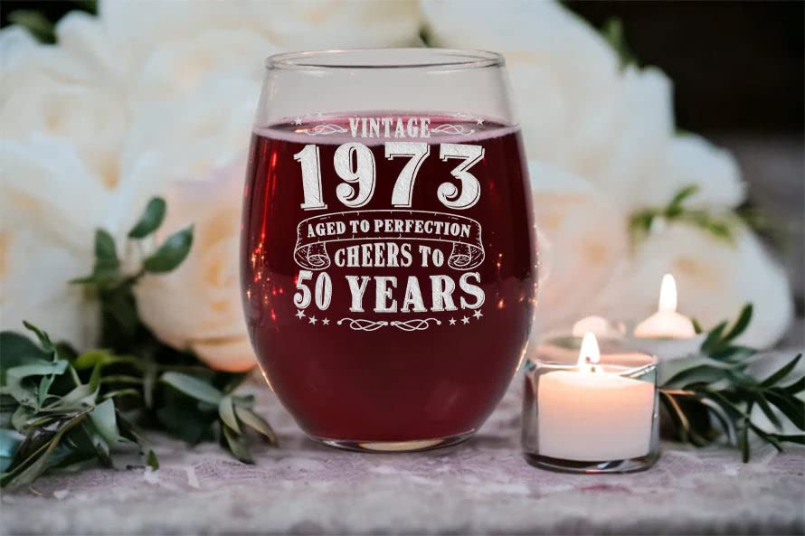 JohnPartners993 50Th Birthday Aged To Perfection - Vintage 1973 Engraved Wine Glass - 1973 50Th Birthday Gifts For Men - Vintage Wine Glasses - Present Ideas For Her Him