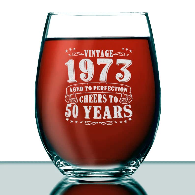 JohnPartners993 50Th Birthday Aged To Perfection - Vintage 1973 Engraved Wine Glass - 1973 50Th Birthday Gifts For Men - Vintage Wine Glasses - Present Ideas For Her Him