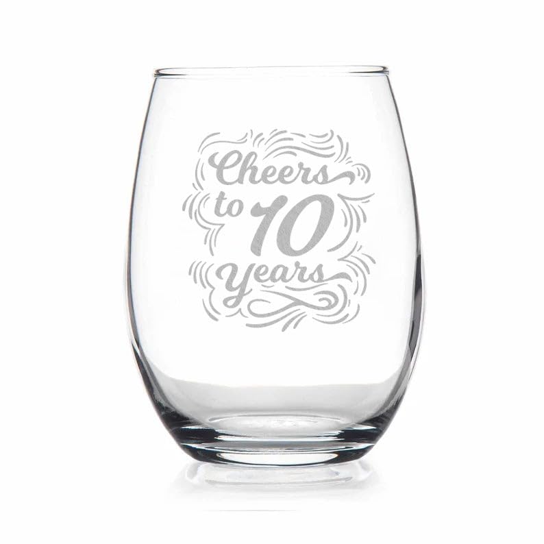 JohnPartners993 Cheers To 10 Years Wine Glass - Etched Sayings - Gift To Celebrate Wedding - Business - Or Work Anniversary - Gift For Him Her Couple