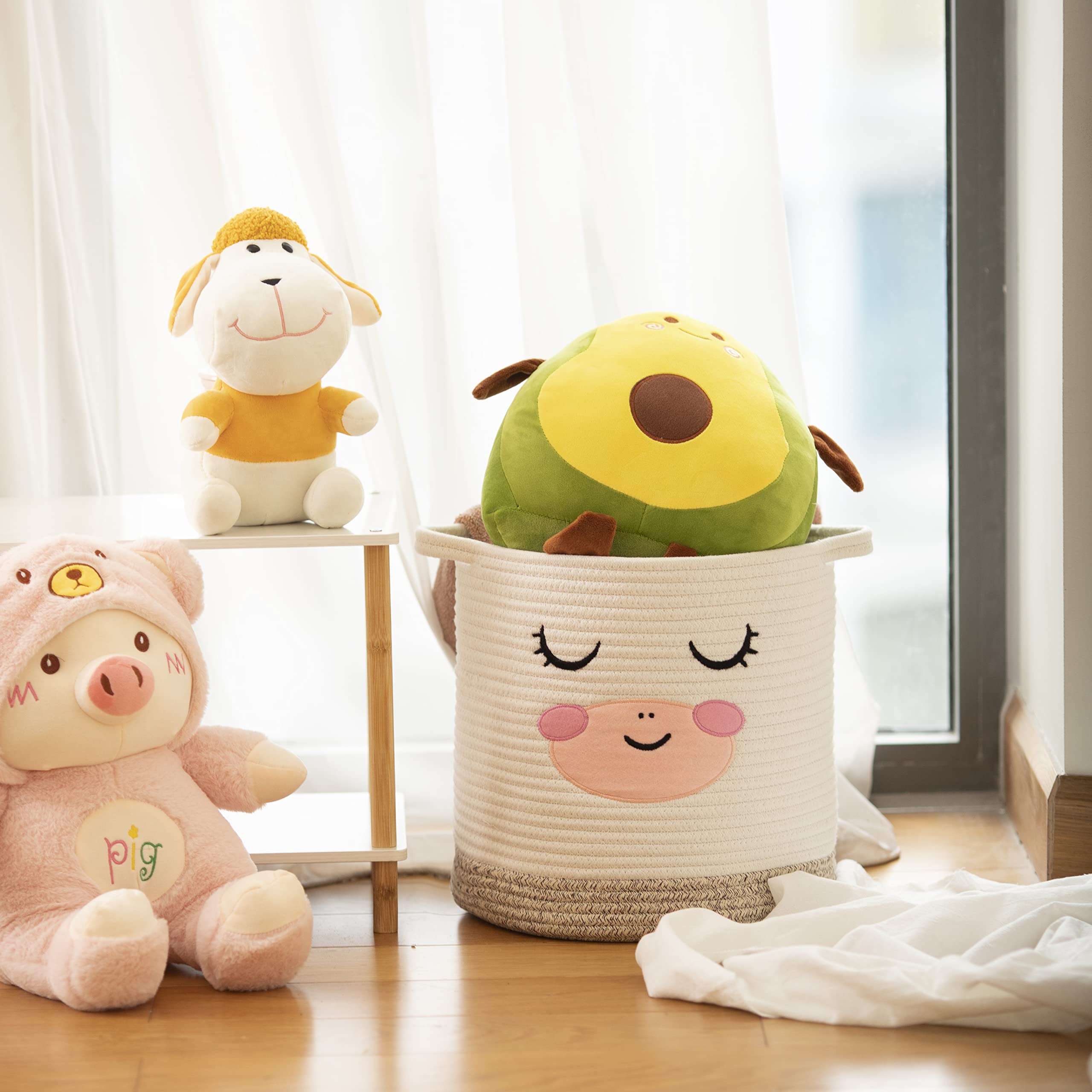 NADEnVIE Baby Girl Nursery Storage Basket Cute Unicorn Cotton Toy Storage Bin, Pig Baby Hamper For Nursery Girl, Pink Basket For Baby Woven Storage Basket