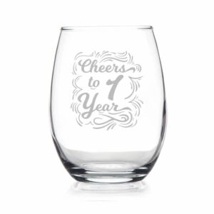cheers to 1 year wine glass - etched sayings - gift to celebrate wedding - business - or work anniversary - gift for him her couple