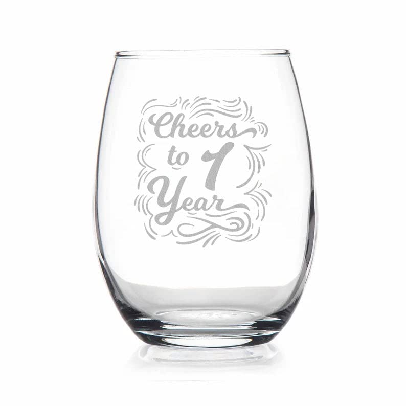 Cheers To 1 Year Wine Glass - Etched Sayings - Gift To Celebrate Wedding - Business - Or Work Anniversary - Gift For Him Her Couple