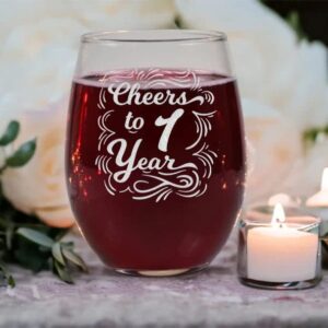 Cheers To 1 Year Wine Glass - Etched Sayings - Gift To Celebrate Wedding - Business - Or Work Anniversary - Gift For Him Her Couple