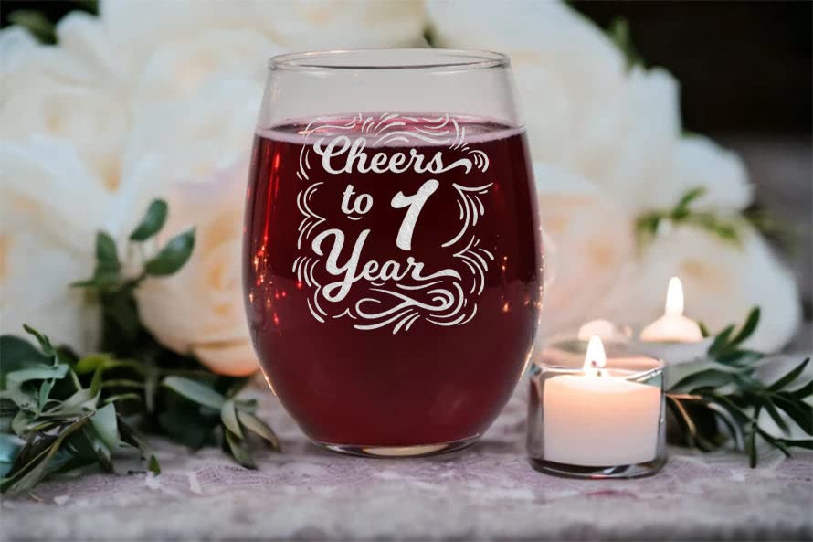 Cheers To 1 Year Wine Glass - Etched Sayings - Gift To Celebrate Wedding - Business - Or Work Anniversary - Gift For Him Her Couple