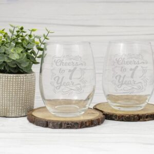 Cheers To 1 Year Wine Glass - Etched Sayings - Gift To Celebrate Wedding - Business - Or Work Anniversary - Gift For Him Her Couple