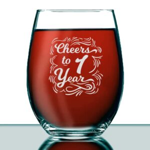 Cheers To 1 Year Wine Glass - Etched Sayings - Gift To Celebrate Wedding - Business - Or Work Anniversary - Gift For Him Her Couple