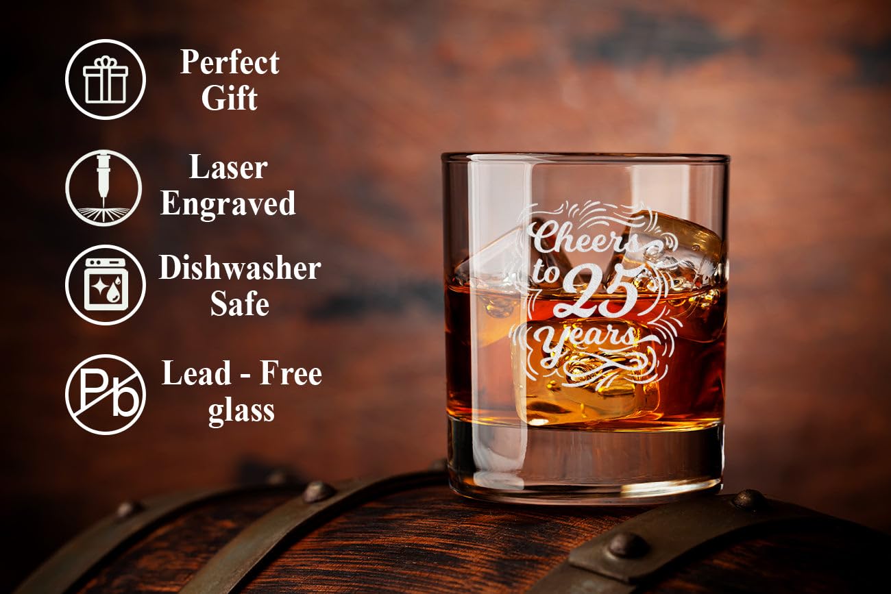 JohnPartners993 Cheers To 25 Years Whiskey Glass - Etched Sayings - Gift To Celebrate Wedding - Business - Or Work Anniversary - Gift For Him Her Couple