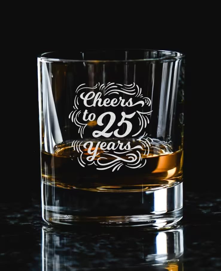 JohnPartners993 Cheers To 25 Years Whiskey Glass - Etched Sayings - Gift To Celebrate Wedding - Business - Or Work Anniversary - Gift For Him Her Couple