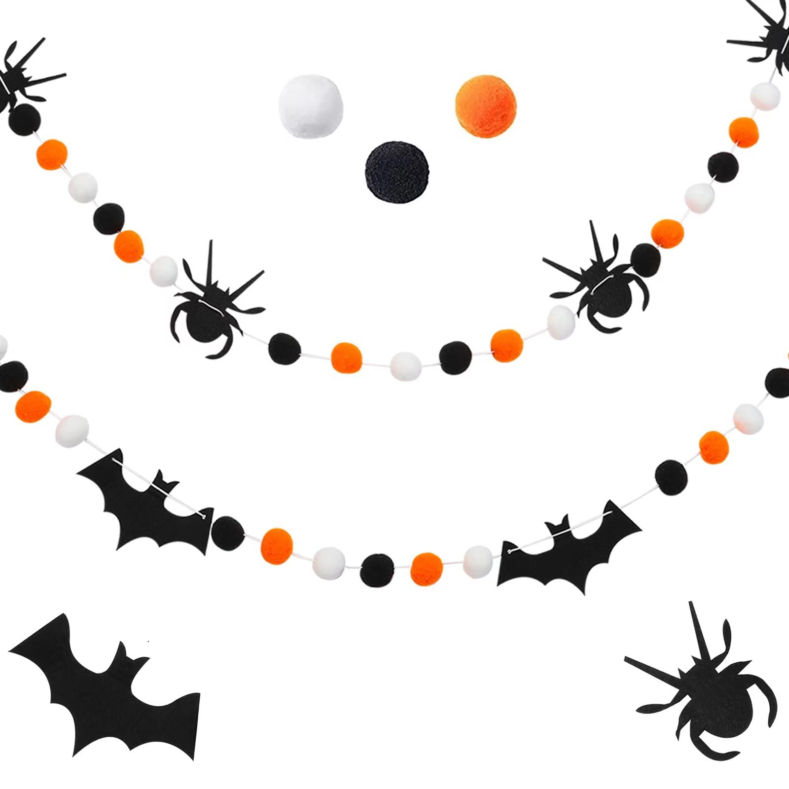 9.84 Ft Halloween Theme Banner, 2 PCS Horrible Spider Bat Banner Black White Orange Party Banner Felt Ball Halloween Garland for Halloween Haunted Houses Decors Doorways Home Mantel Supplies