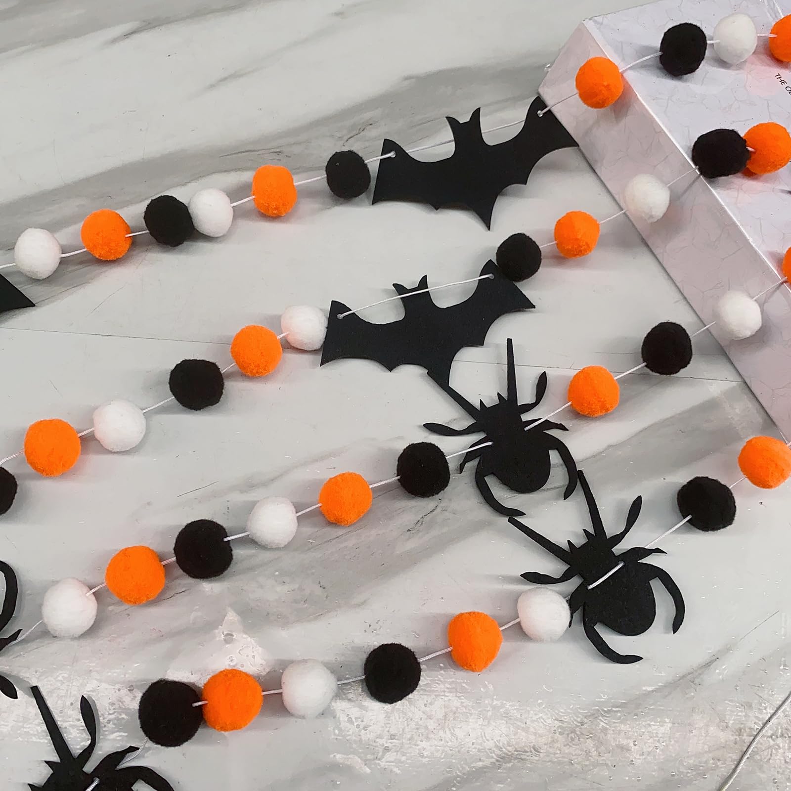 9.84 Ft Halloween Theme Banner, 2 PCS Horrible Spider Bat Banner Black White Orange Party Banner Felt Ball Halloween Garland for Halloween Haunted Houses Decors Doorways Home Mantel Supplies