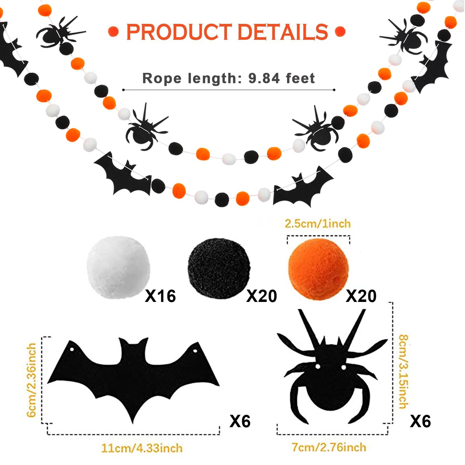 9.84 Ft Halloween Theme Banner, 2 PCS Horrible Spider Bat Banner Black White Orange Party Banner Felt Ball Halloween Garland for Halloween Haunted Houses Decors Doorways Home Mantel Supplies