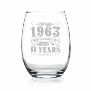 johnpartners993 60th birthday aged to perfection - vintage 1963 engraved wine glass - 1963 60th birthday gifts for men - vintage wine glasses - present ideas for her him