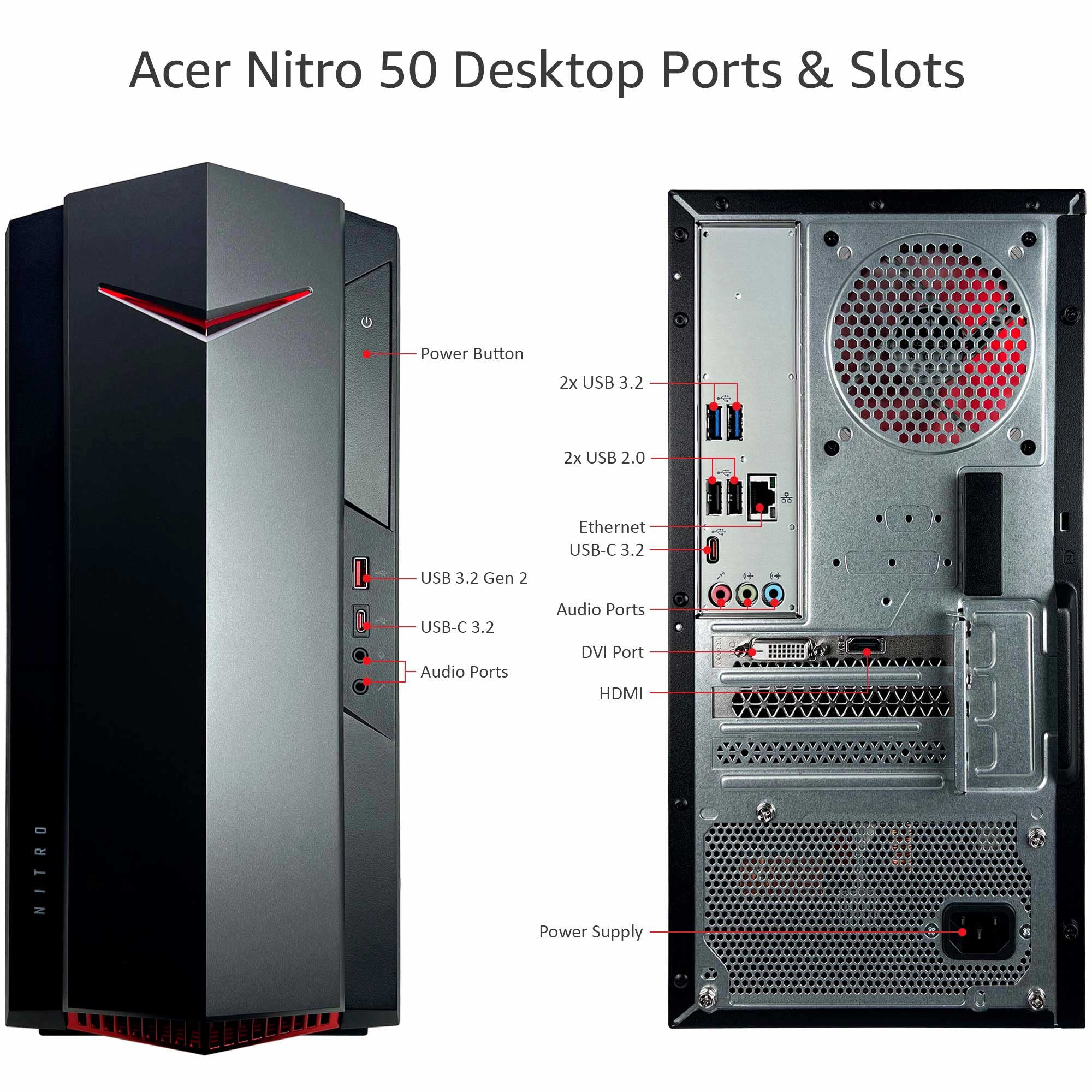 acer Nitro 50 N50 Gaming Desktop Computer - 12th Gen Intel Core i5-12400F 6-Core up to 4.40GHz CPU, 32GB RAM, 1TB NVMe SSD + 2TB HDD, GeForce GTX 1650 4GB Graphics, Intel Wi-Fi 6, Windows 11 Home