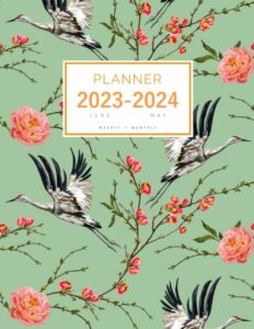 planner 2023-2024: 8.5 x 11 weekly and monthly organizer from june 2023 to may 2024 | traditional japanese bird flower design green