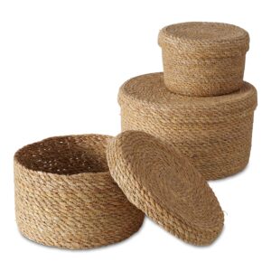 seagrass basket boxes with lids, set of 3, circular, coiled wicker weave, natural seagrass, made by hand, 6, 7.75, and 9.75 inches in diameter
