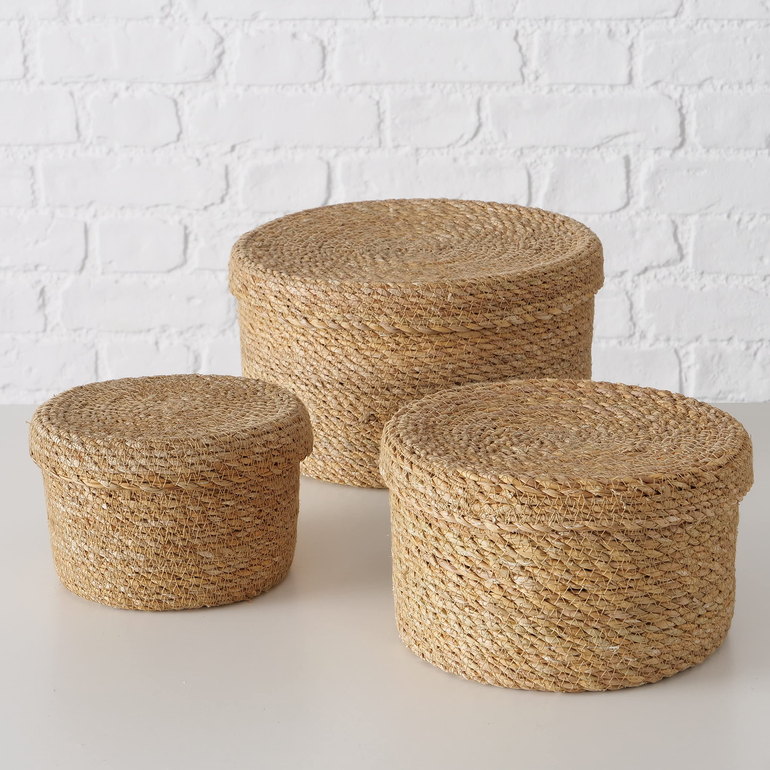 Seagrass Basket Boxes with Lids, Set of 3, Circular, Coiled Wicker Weave, Natural Seagrass, Made by Hand, 6, 7.75, and 9.75 Inches in Diameter