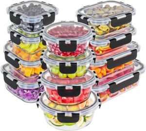 magic mill glass storage containers with lids set | ultimate 24pc set with bpa-free airtight locking lids for lunch, food storage, meal prep, safe in fridge, freezer, dishwasher safe for easy clean