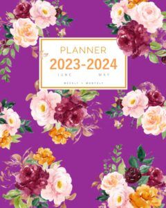 planner 2023-2024: 8x10 weekly and monthly organizer large from june 2023 to may 2024 | watercolor flower arrangement design purple