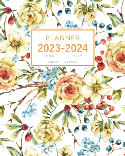 Planner 2023-2024: 8x10 Weekly and Monthly Organizer Large from June 2023 to May 2024 | Vintage Rose Wildflower Berry Design White