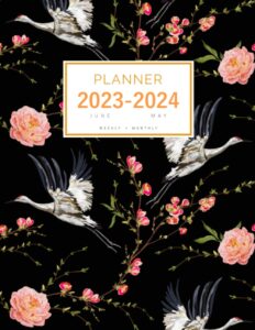 planner 2023-2024: 8.5 x 11 weekly and monthly organizer from june 2023 to may 2024 | traditional japanese bird flower design black