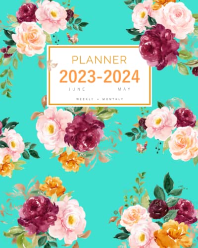 Planner 2023-2024: 8x10 Weekly and Monthly Organizer Large from June 2023 to May 2024 | Watercolor Flower Arrangement Design Turquoise