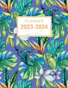 planner 2023-2024: 8.5 x 11 weekly and monthly organizer from june 2023 to may 2024 | tropical plant lizard bird design blue