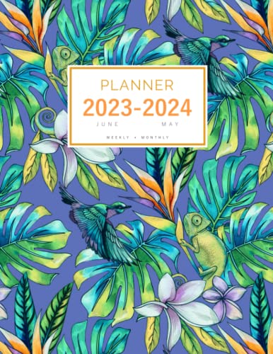 Planner 2023-2024: 8.5 x 11 Weekly and Monthly Organizer from June 2023 to May 2024 | Tropical Plant Lizard Bird Design Blue