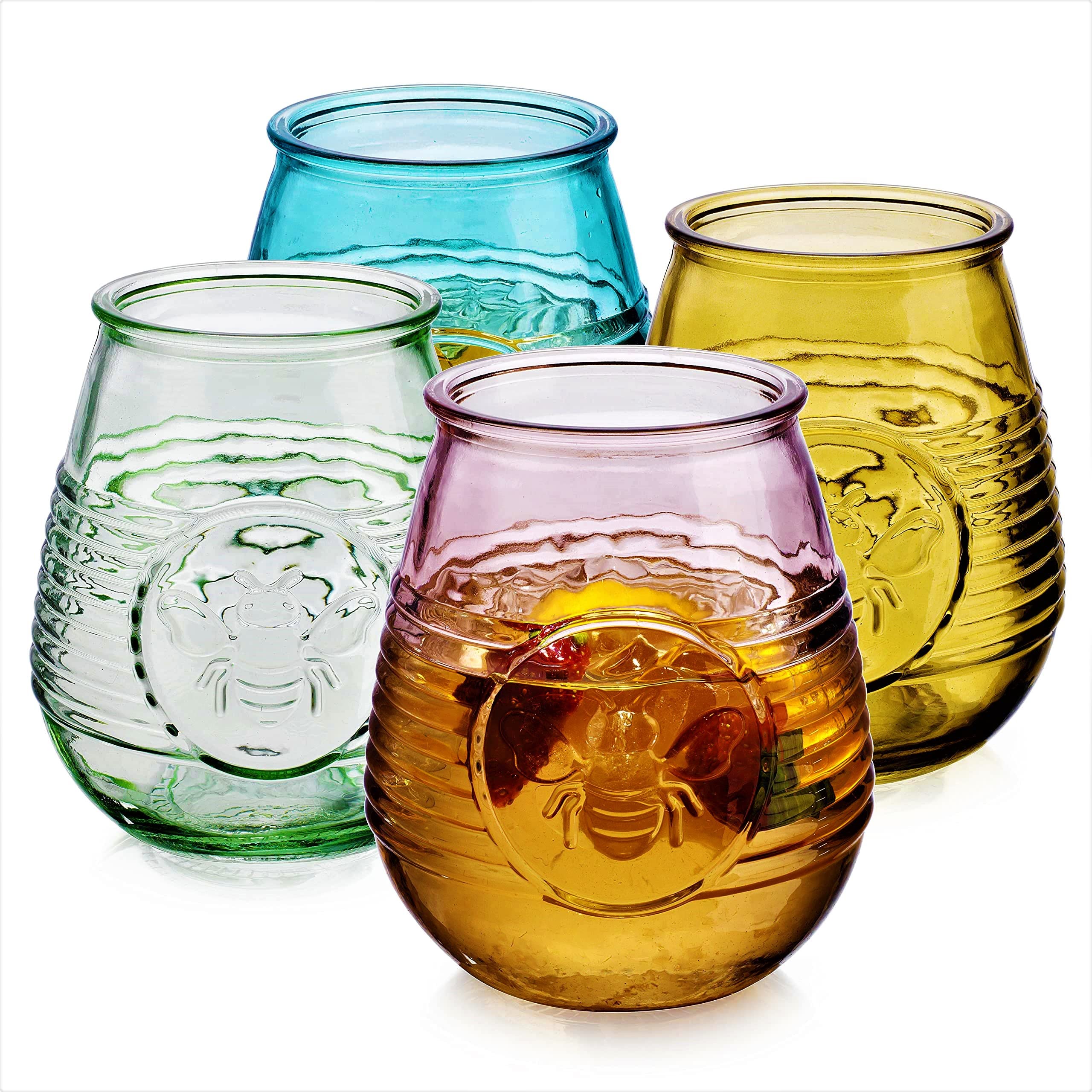 Glaver's Set Of 4 20 Oz. Colored Tumblers, Multicolor Embossed Bumble Bee Wine Glasses, Vintage Drinking Glasses, Tumblers For All You Favorite Cocktails And Beverages, Handwash Only