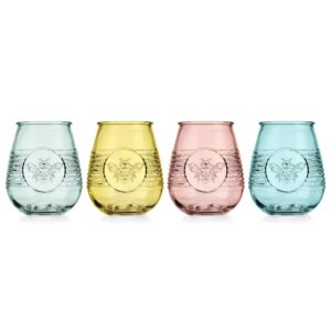Glaver's Set Of 4 20 Oz. Colored Tumblers, Multicolor Embossed Bumble Bee Wine Glasses, Vintage Drinking Glasses, Tumblers For All You Favorite Cocktails And Beverages, Handwash Only