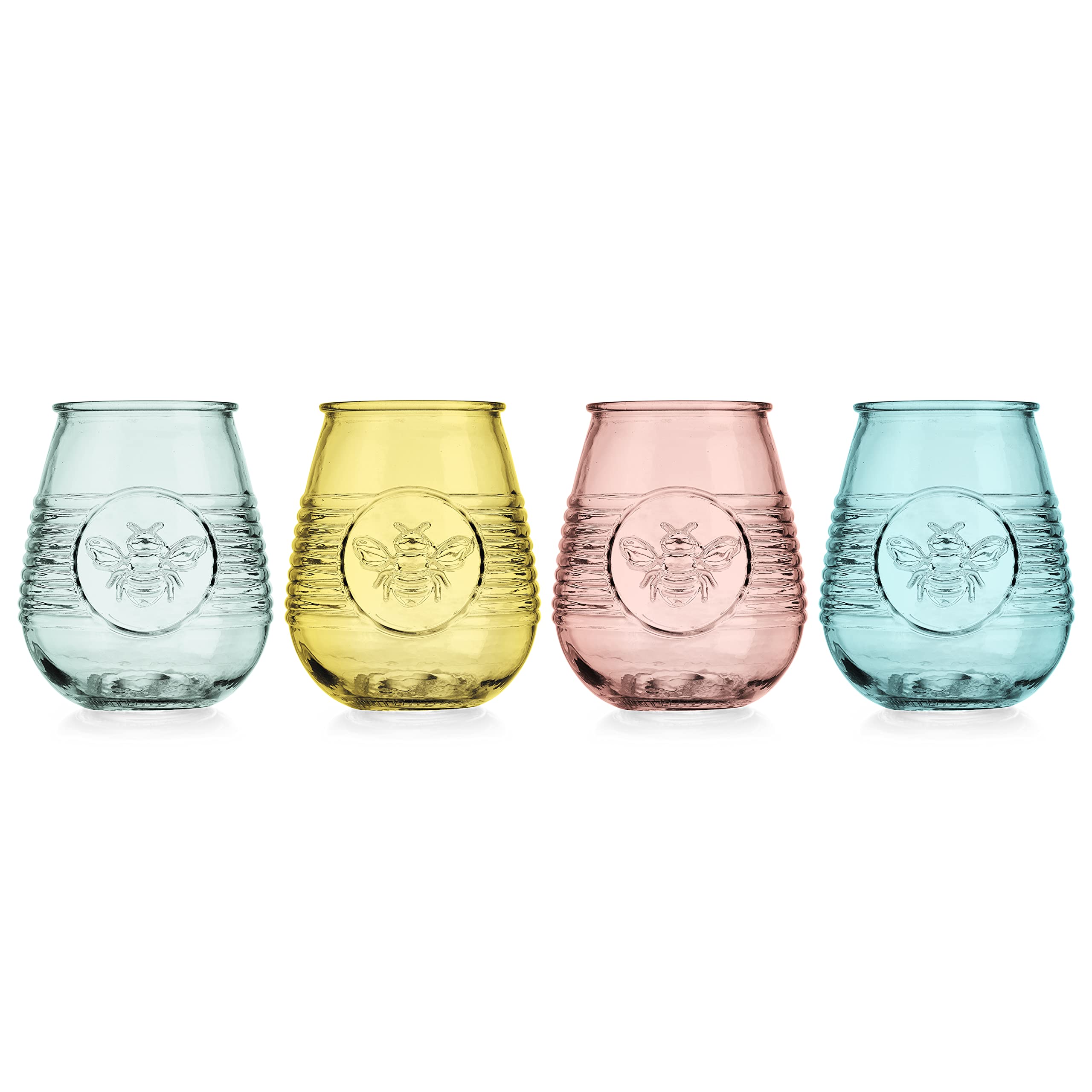 Glaver's Set Of 4 20 Oz. Colored Tumblers, Multicolor Embossed Bumble Bee Wine Glasses, Vintage Drinking Glasses, Tumblers For All You Favorite Cocktails And Beverages, Handwash Only