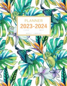 planner 2023-2024: 8.5 x 11 weekly and monthly organizer from june 2023 to may 2024 | tropical plant lizard bird design white