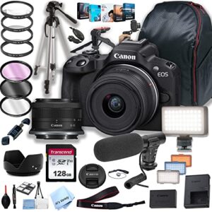 canon eos r50 mirrorless digital camera with rf-s 18-45mm f/4.5-6.3 is stm lens+ 128gb memory + led video light + microphone + back pack + steady grip pod + tripod + filters + software + more