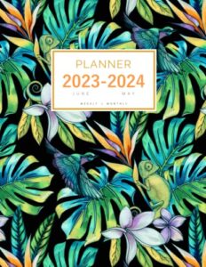 planner 2023-2024: 8.5 x 11 weekly and monthly organizer from june 2023 to may 2024 | tropical plant lizard bird design black