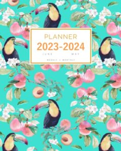 planner 2023-2024: 8x10 weekly and monthly organizer large from june 2023 to may 2024 | vintage rose wildflower berry design turquoise