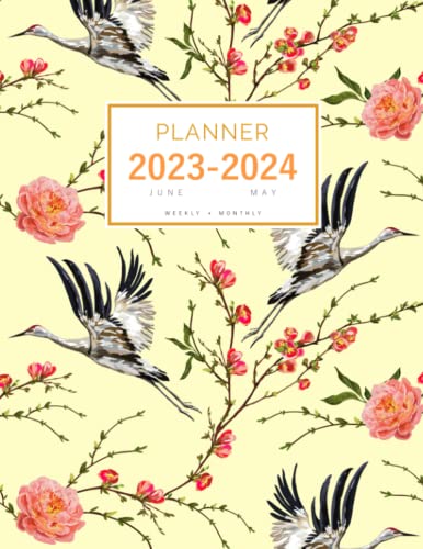 Planner 2023-2024: 8.5 x 11 Weekly and Monthly Organizer from June 2023 to May 2024 | Traditional Japanese Bird Flower Design Yellow