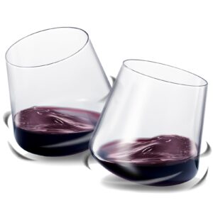 rotating rolling un-spillable stemless spinning aerating wine glasses | set of 2 | spill-proof wine glass, no stem tilted glassware for whiskey, champagne, cocktail, water, gift for her, him 13.5oz