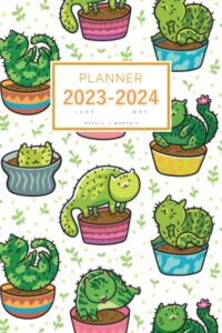 planner 2023-2024: 6x9 weekly and monthly organizer from june 2023 to may 2024 | cute flowerpot cat cactus design white