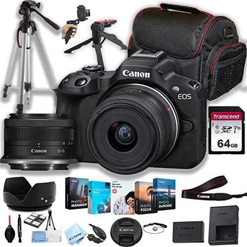 Canon EOS R50 Mirrorless Digital Camera with RF-S 18-45mm f/4.5-6.3 is STM Lens + 64GB Memory + Case+ Steady Grip Pod + Tripod+ Software Pack + More (30pc Bundle)