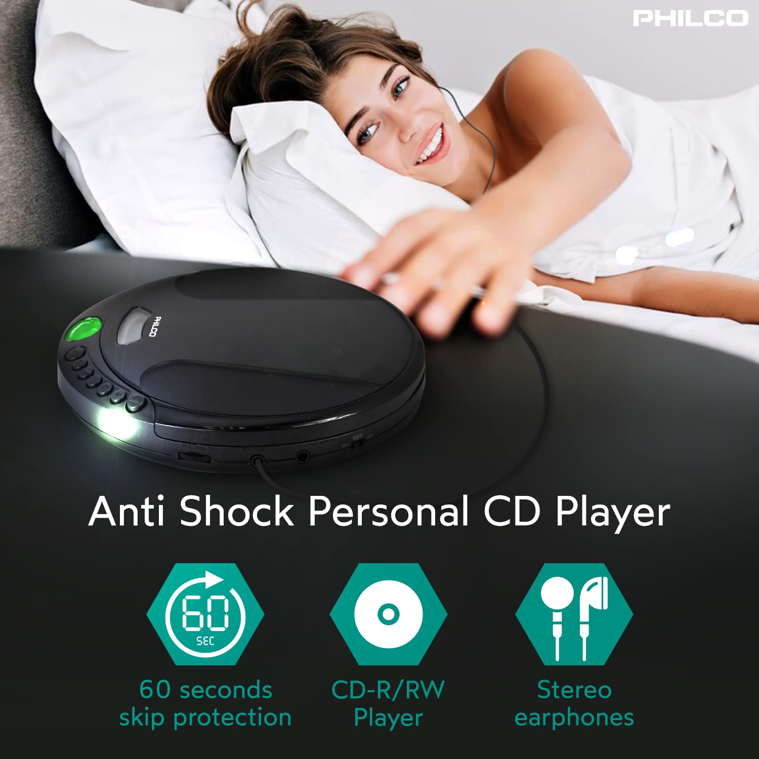 PHILCO Personal CD Player with 60 Second Anti-Shock - Portable, Compact, and Easy to Use - Includes Headphones