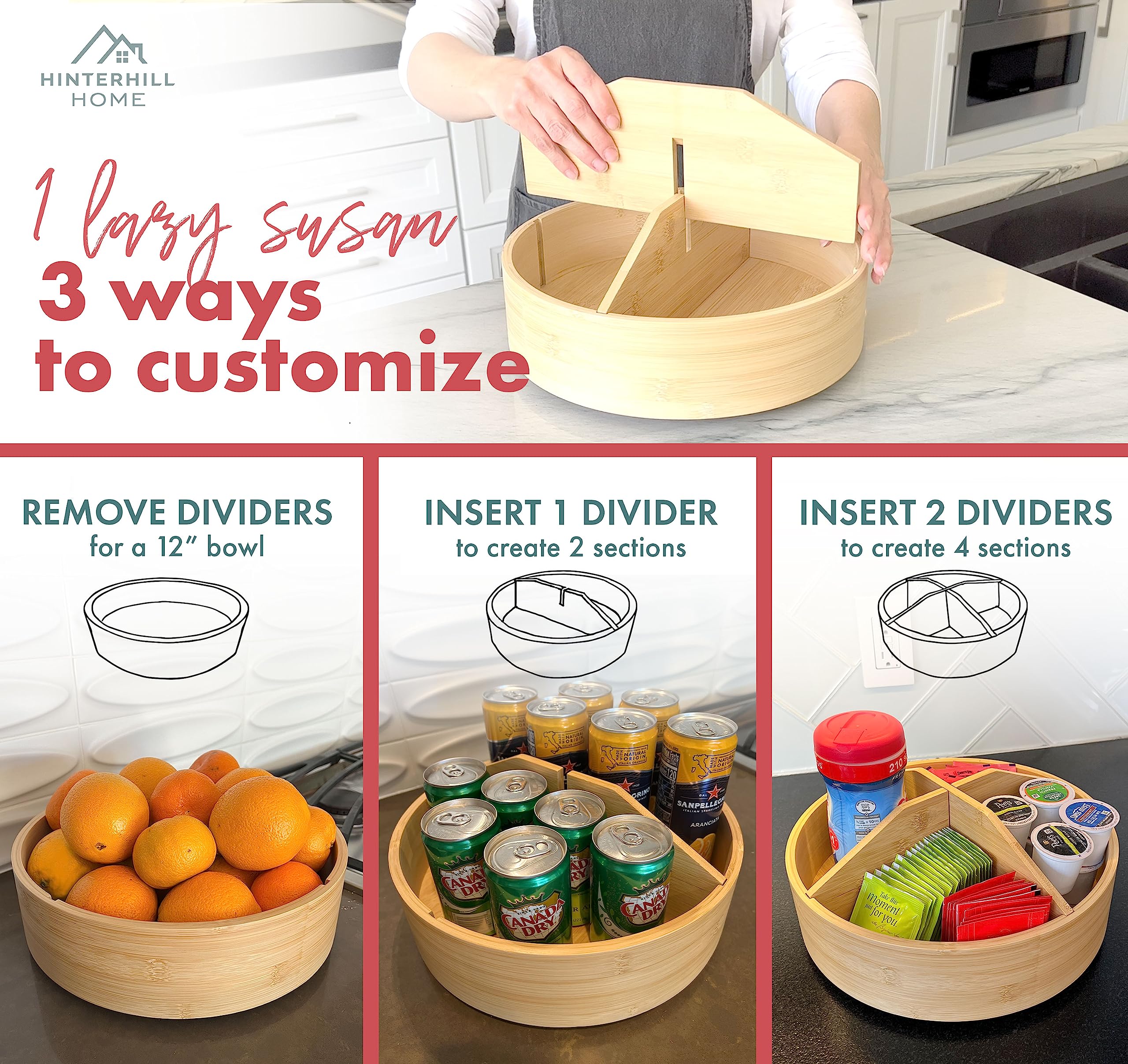 HinterHill 3-in-1 Adjustable Lazy Susan Pantry Organizer, 12" Bamboo Kitchen Cabinet Organizer for Pantry Organization and Storage, Lazy Susan for Cabinet, Countertop, Bathroom, Spices, Snacks