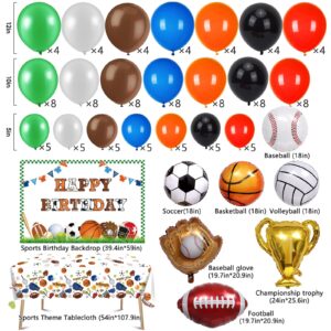 Winrayk 131Pcs Sports Birthday Party Decorations Supplies Sports Balloon Arch Backdrop Tablecloth Trophy Football Soccer Baseball Glove Basketball Volleyball Kids Sports Themed Birthday Party Supplies