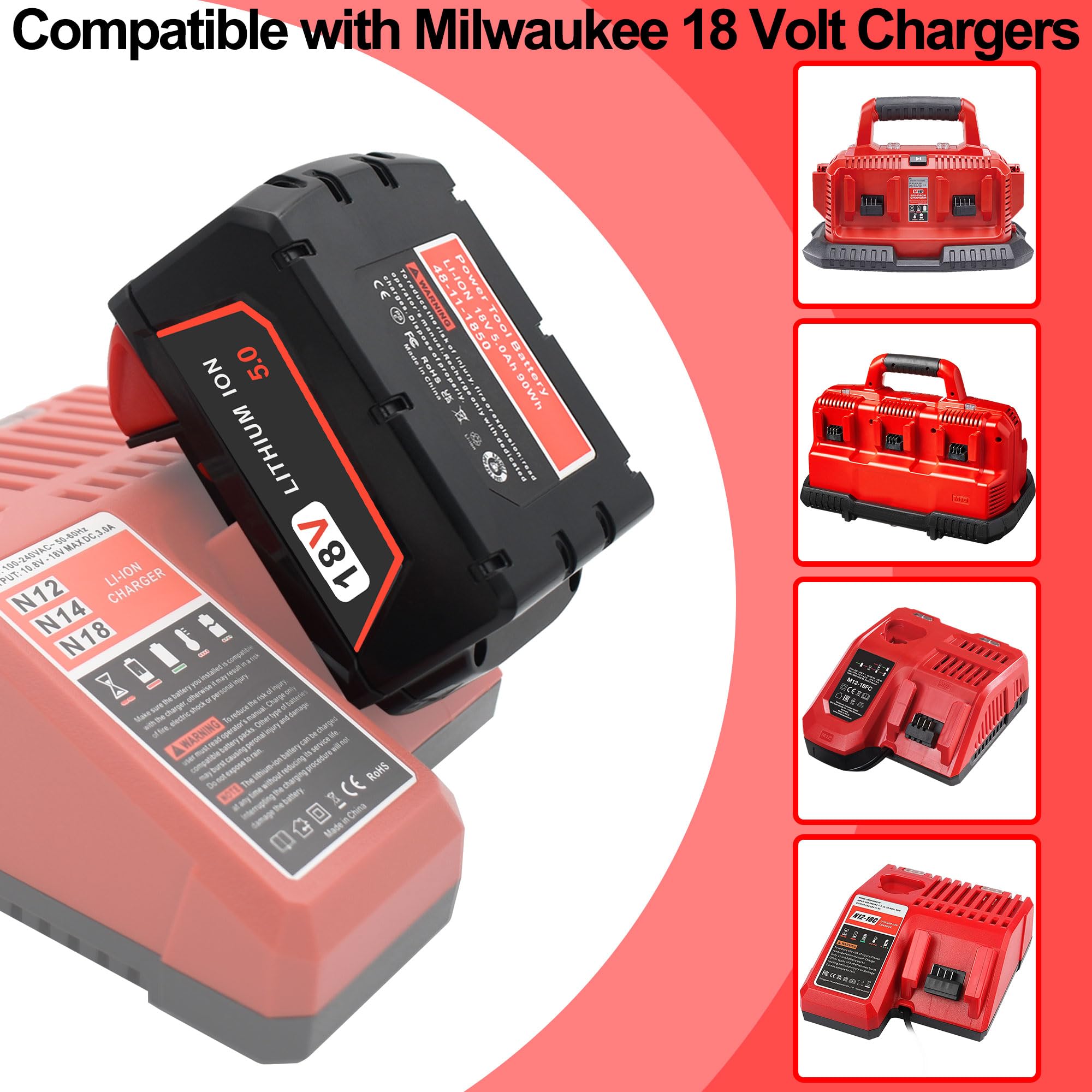 rebicacate Replace Battery 18V for All Milwaukee M18 Battery 48-11-1850 48-11-1840 M18 M18B Cordless Power Tools Milwaukee 18V Battery Lithium-Ion 2 Packs