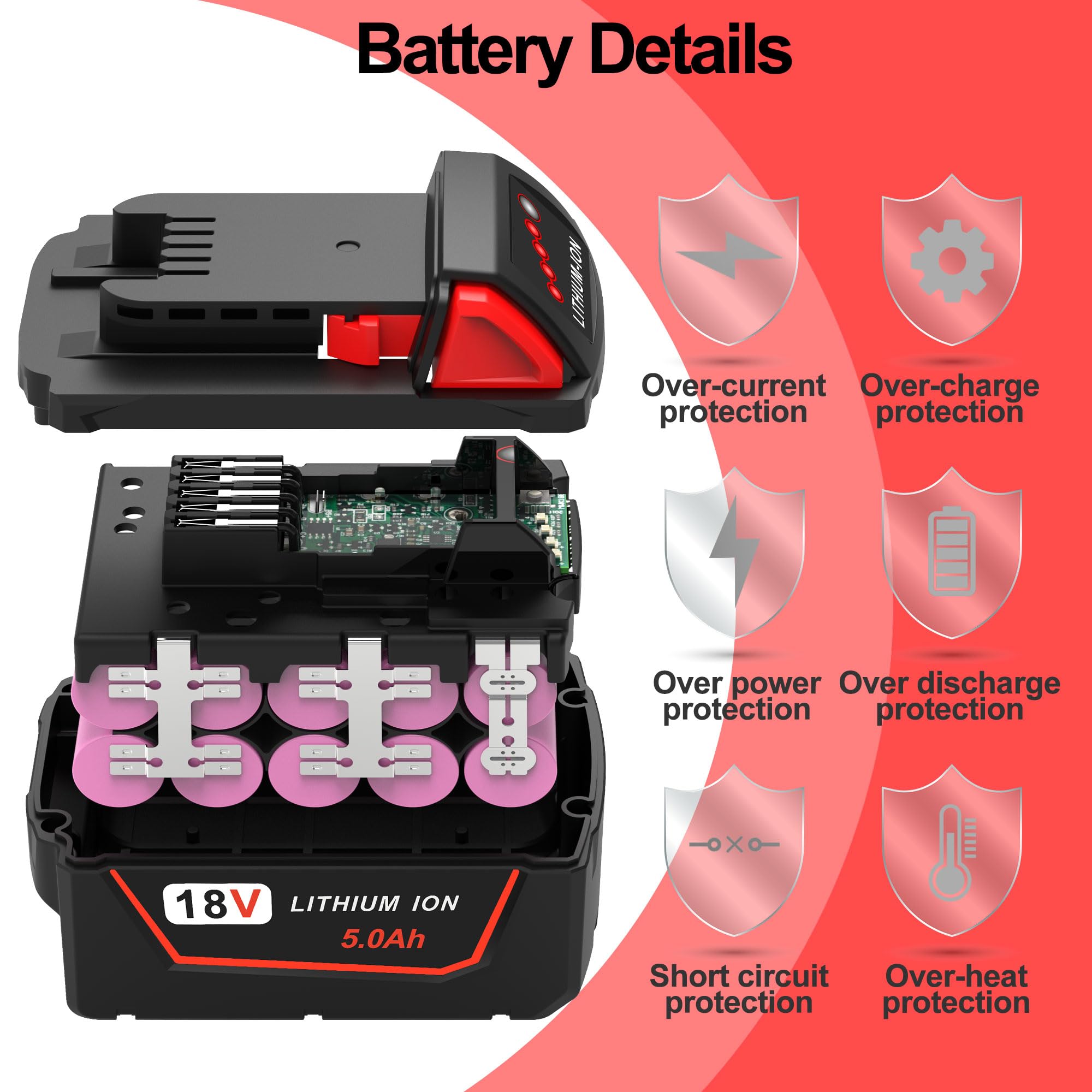 rebicacate Replace Battery 18V for All Milwaukee M18 Battery 48-11-1850 48-11-1840 M18 M18B Cordless Power Tools Milwaukee 18V Battery Lithium-Ion 2 Packs