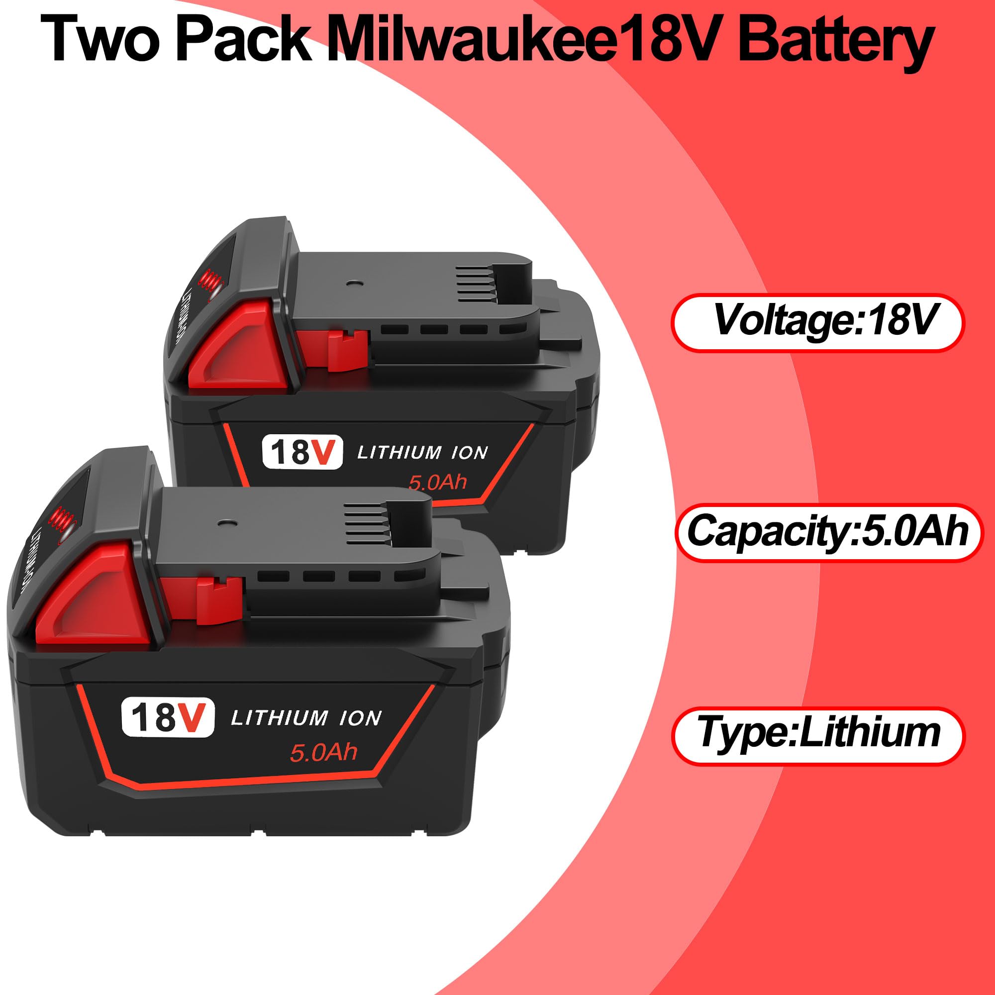rebicacate Replace Battery 18V for All Milwaukee M18 Battery 48-11-1850 48-11-1840 M18 M18B Cordless Power Tools Milwaukee 18V Battery Lithium-Ion 2 Packs