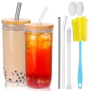 moretoes 2pcs 24oz glass cups with lids and straws, mason jar glass cups, glass iced coffee cups set for jumbo smoothie, bubble tea, cold brew, soda,