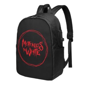 tjervhie motionless rock in band white backpack,unisex casual book bags,external usb interface,earphone cable interface,label.traveling backpack suitable for business
