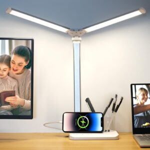qooltek led desk lamp for home office, touch control table lamp with 5 color modes and adjustable brightness,dual swing arm usb charging port foldable reading light, auto timer, silver white, 5w